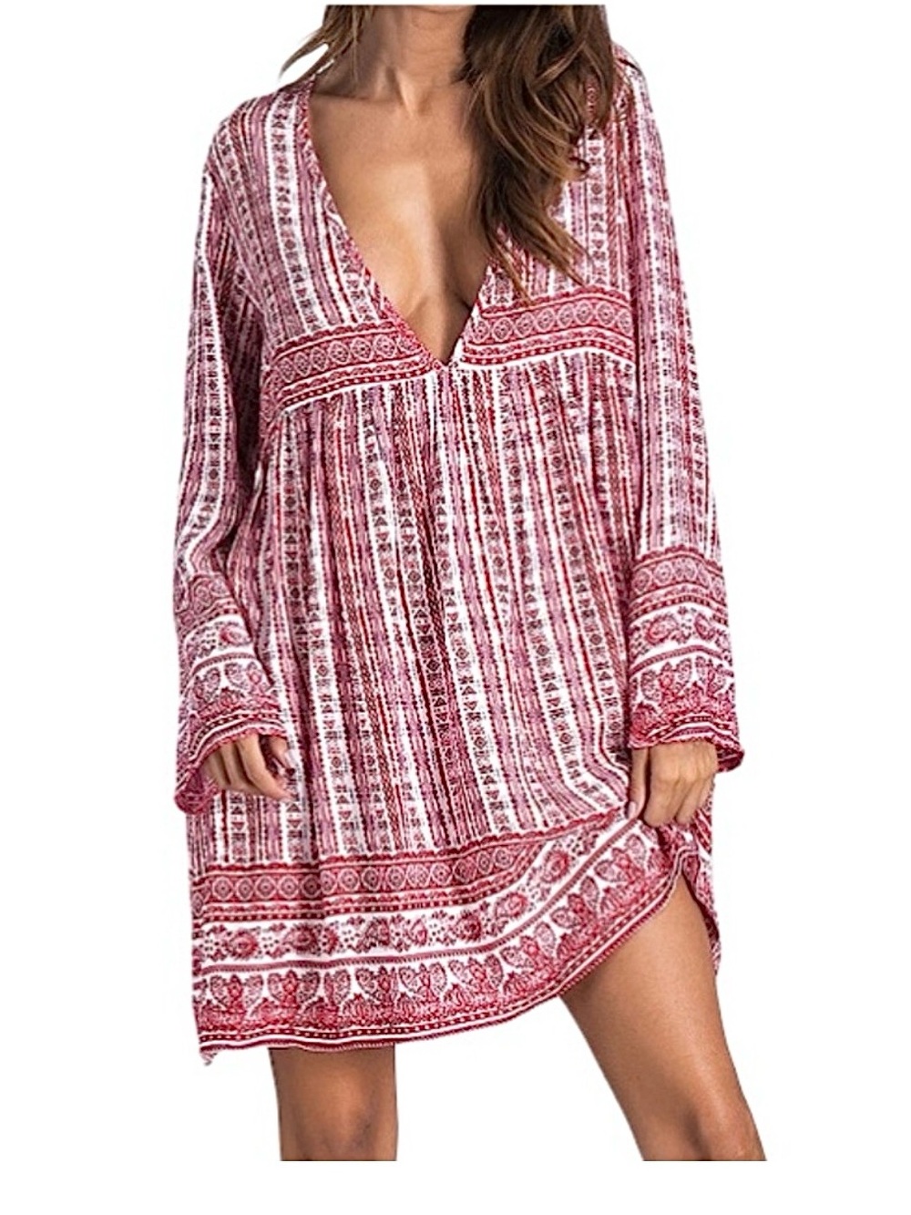 KIDS FORM ~ Red/White Slightly Sheer Bell-Sleeve Keyhole Back Boho Dress
